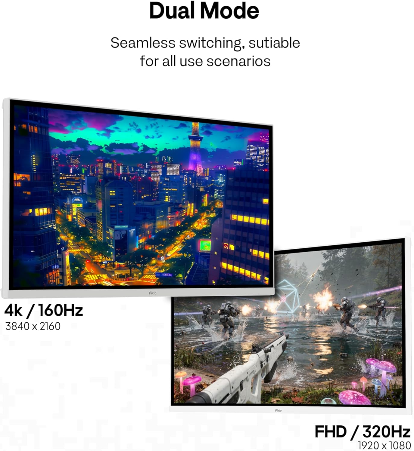 Pixio PX27UM Mini LED White 27 inch Dual Mode UHD 4K 160Hz/FHD 1920x1080 320Hz Fast IPS Panel 1ms GTG Response Time Gaming Monitor with Adaptive Sync HDR and Fully Adjustable Stand