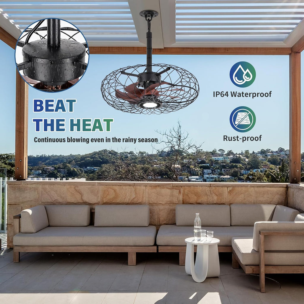 PAZALA 20' Gazebo Ceiling Fans with Lights and Remote Control, Waterproof Enclosed Caged Ceiling Fan with 3 Color LED Light, Portable Hanging Outdoor Fan with Plug in Cord Hook for Patios Black
