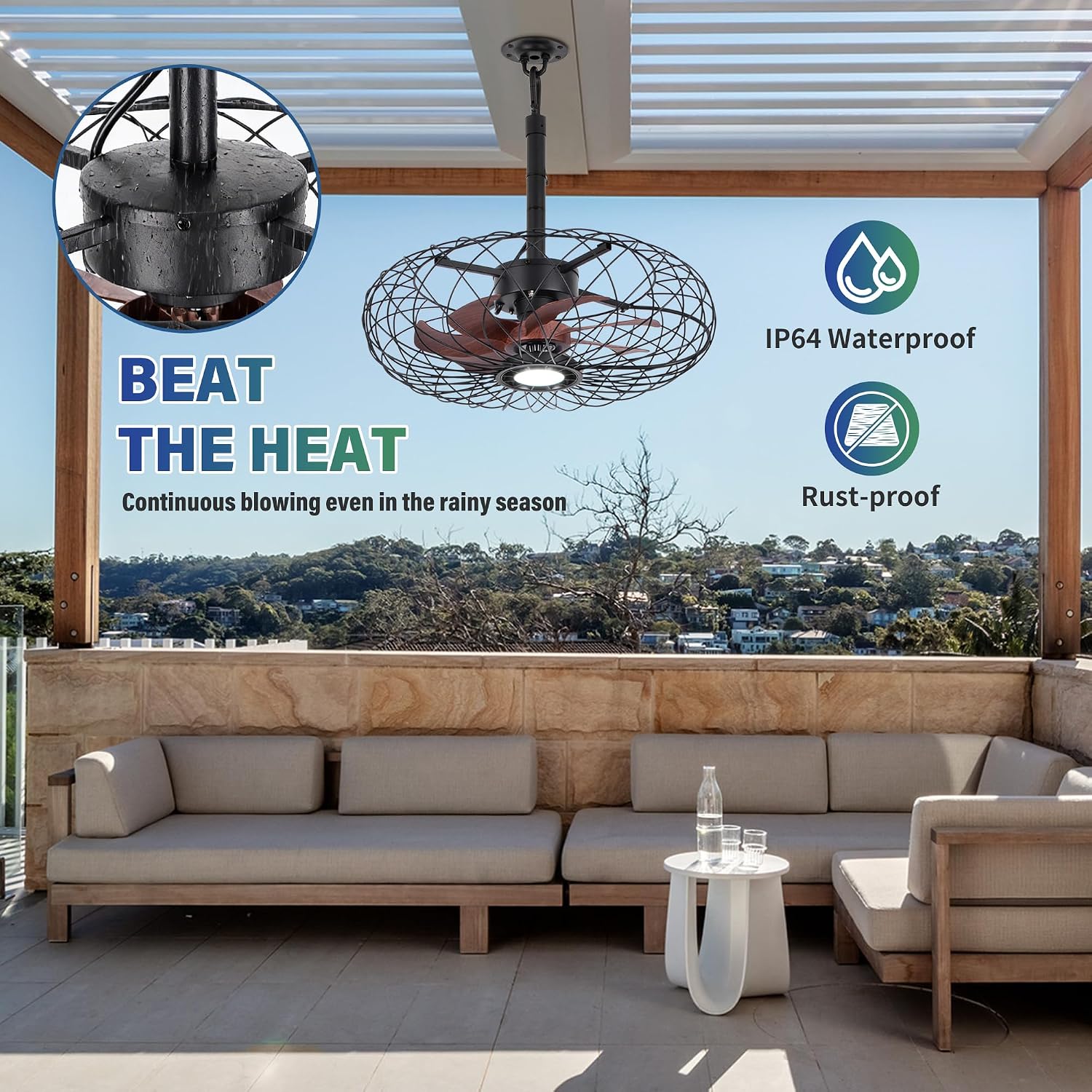 PAZALA 20' Gazebo Ceiling Fans with Lights and Remote Control, Waterproof Enclosed Caged Ceiling Fan with 3 Color LED Light, Portable Hanging Outdoor Fan with Plug in Cord Hook for Patios Black