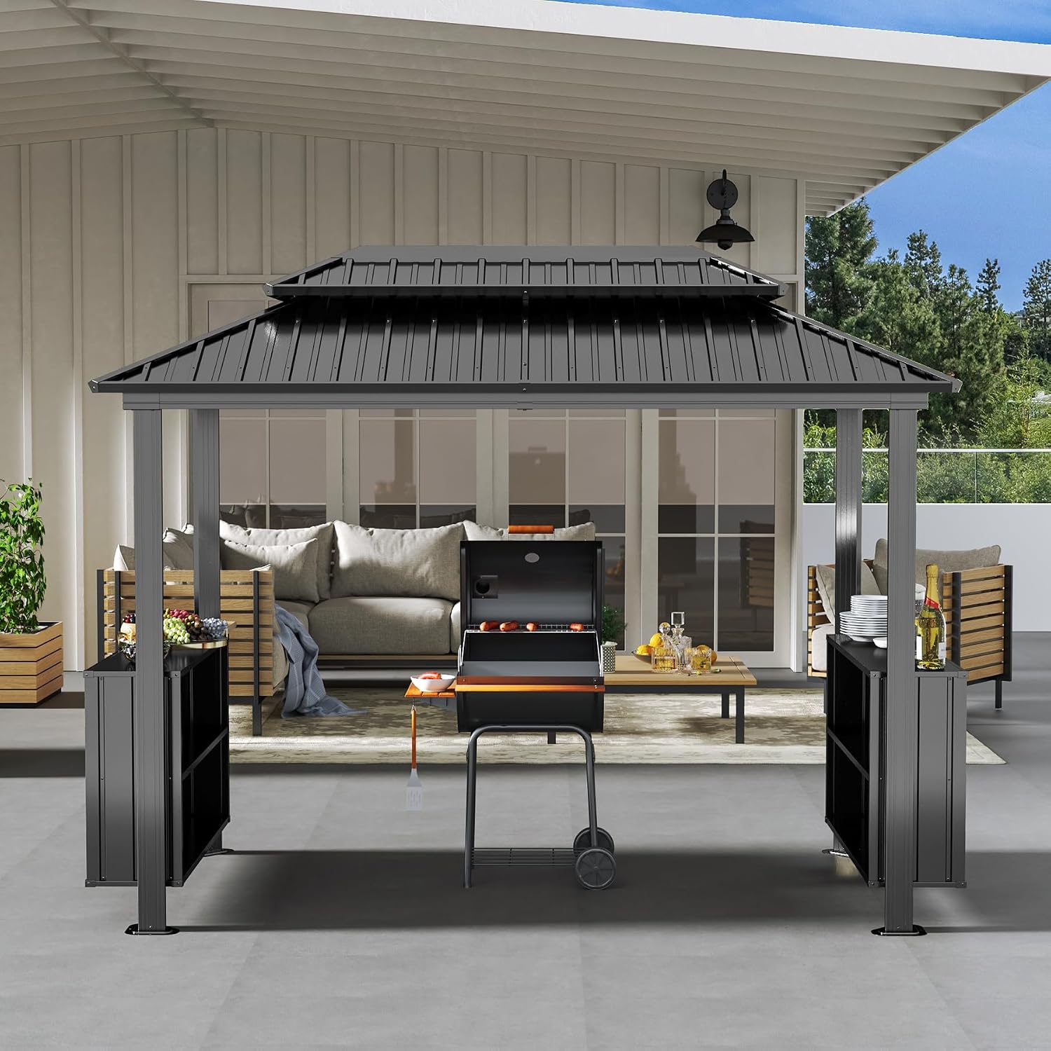 Domi 6x10FT Hardtop Grill Gazebo, BBQ Gazebo with Double Galvanized Steel Roof, 2 Storage Cabinets and Ceiling Hooks, Outdoor Grill Shelter for Backyard, Lawn and Garden(Gray)