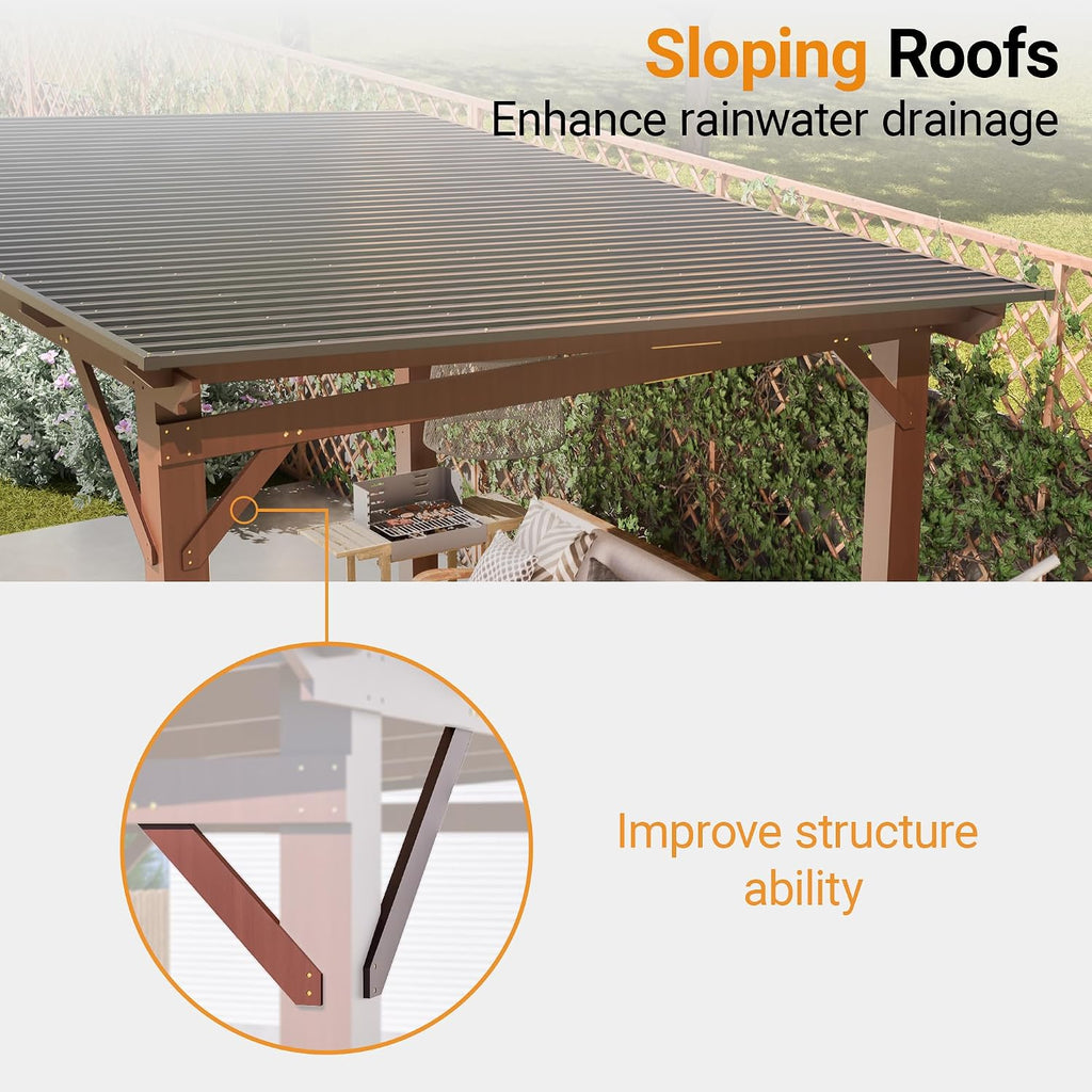 10' x 13' Wooden Pergola with Sloping Metal Roof, Heavy Duty Fir Wood Frame Patio Gazebo, Wind-Resistant UV & Rain Protection Outdoor Shelter for Garden, Backyard, BBQ or Deck