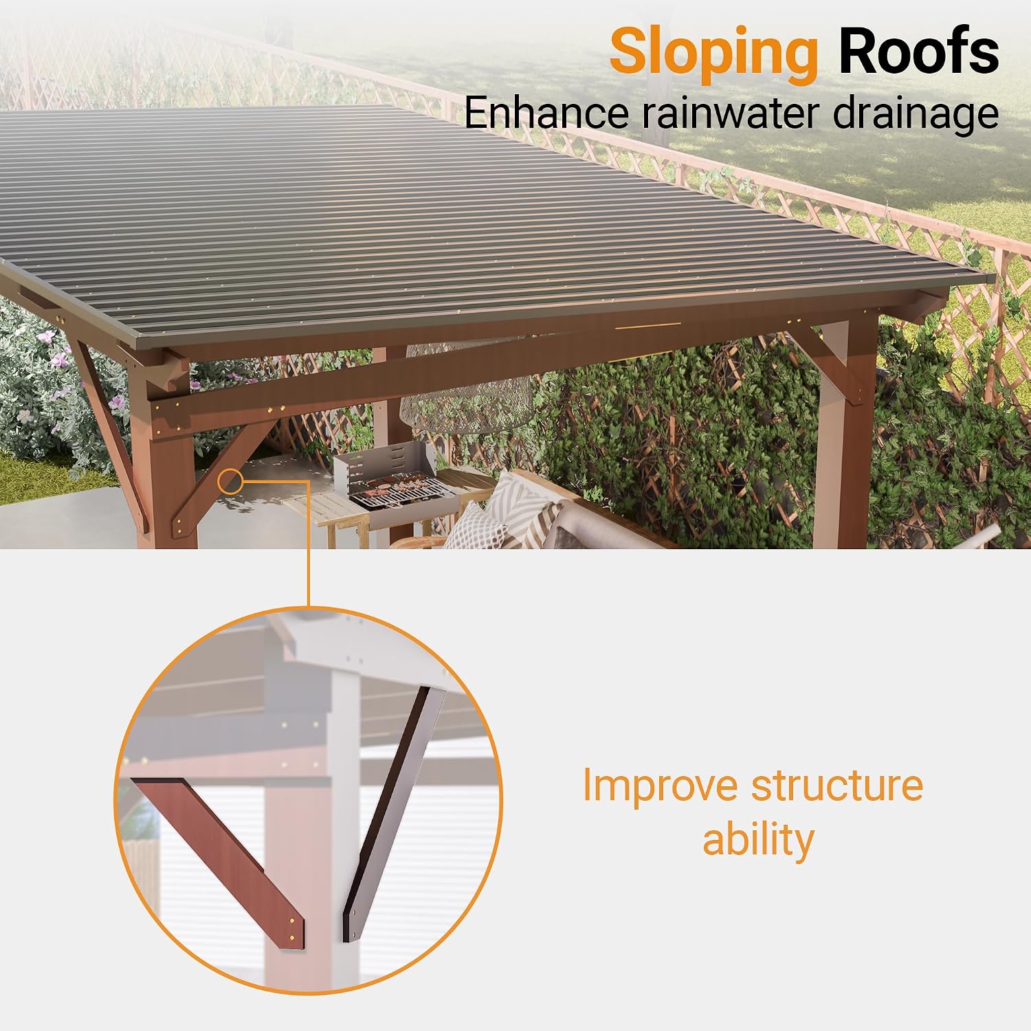 10' x 13' Wooden Pergola with Sloping Metal Roof, Heavy Duty Fir Wood Frame Patio Gazebo, Wind-Resistant UV & Rain Protection Outdoor Shelter for Garden, Backyard, BBQ or Deck