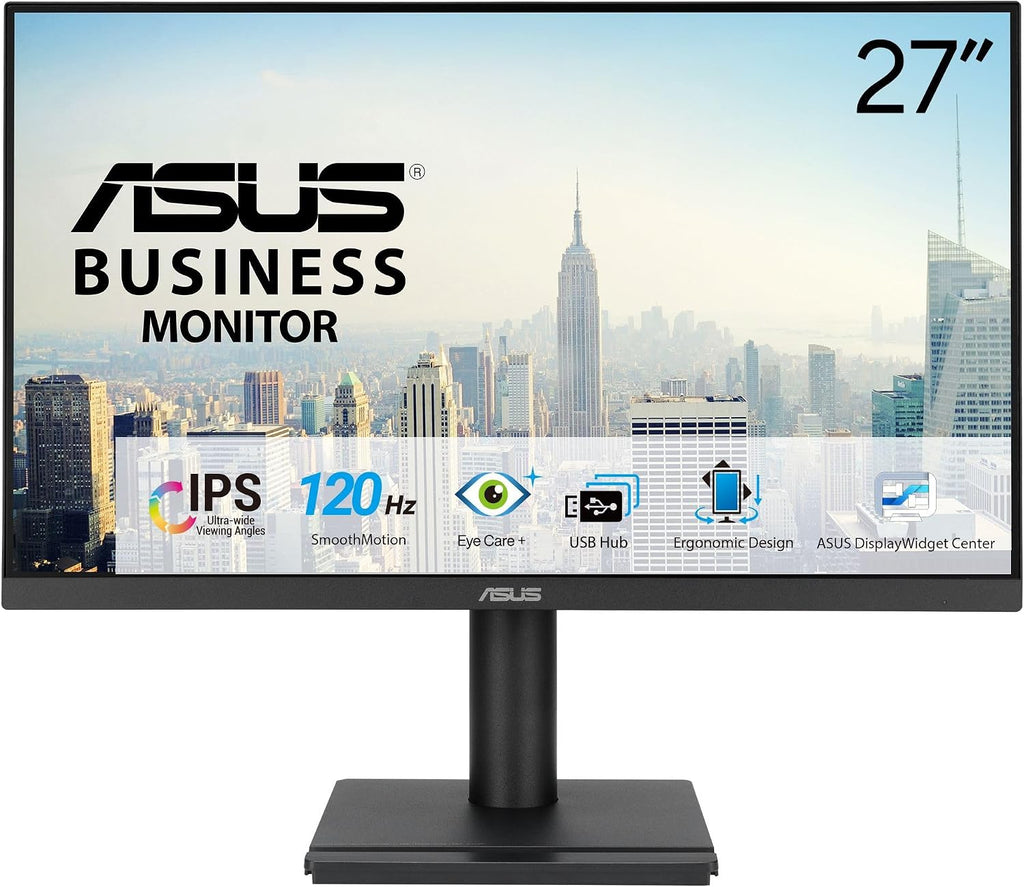 ASUS 27' 1080P Business Monitor (VA279QGS) – IPS, Full HD, Frameless, 120Hz, Adaptive-Sync, 1ms, HDMI, DisplayPort, VGA, Eye Care, Low Blue Light, Ergonomic, VESA Wall Mountable, 3 yr Warranty