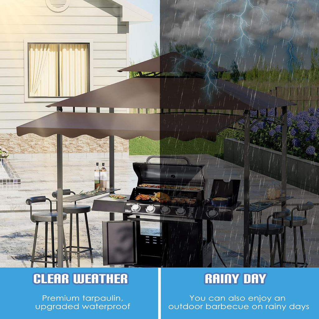 Grepatio Outdoor BBQ Gazebo, 8x8 Ft Patio Grill Gazebos with Extra Adjustable Shadow, 2-Tier Grill Canopy with 2 Shelves 6 Hooks, Barbeque Gazebo Canopy for Backyard Garden Poolside