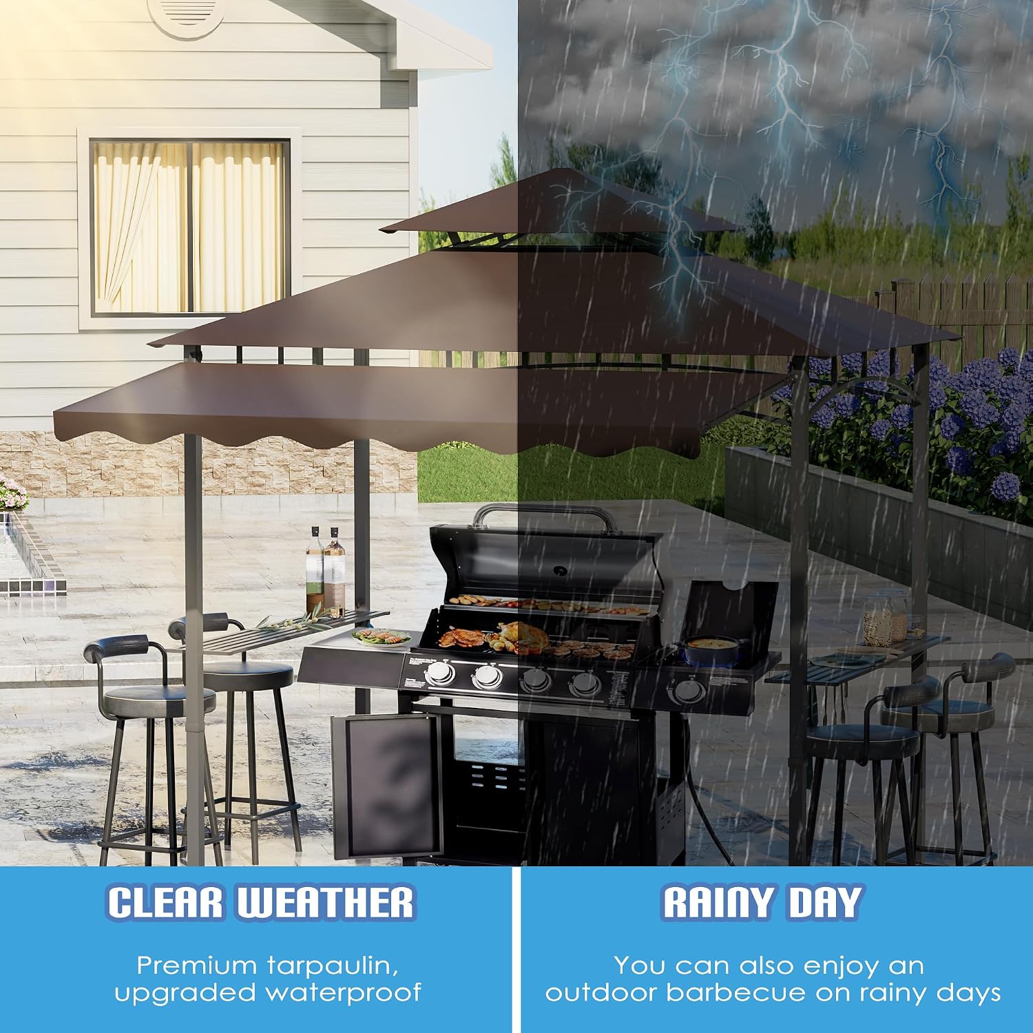 8x8x5 FT BBQ Grill Gazebo Outdoor, Double Tired Patio Canopy Tent with Side Awning Shelves, Barbecue Shelter with 14 Hooks and Bottle Opener for Backyard Garden Poolside, Brown