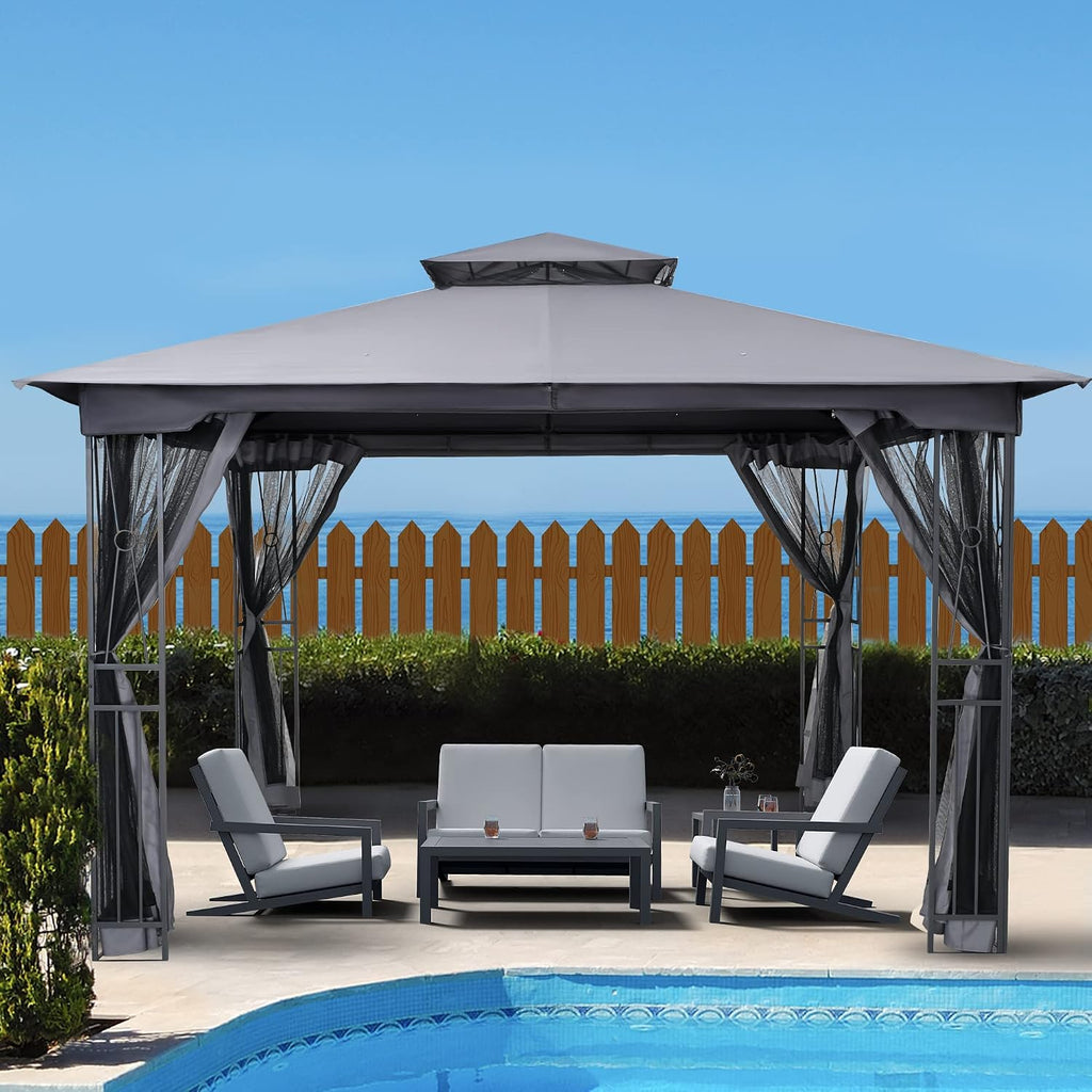 HAPPATIO 10' X 12' Outdoor Patio Gazebo, Canopy Gazebo for Garden,Yard,Patio with Ventilation Double Roof with Mosquito Netting,Gray