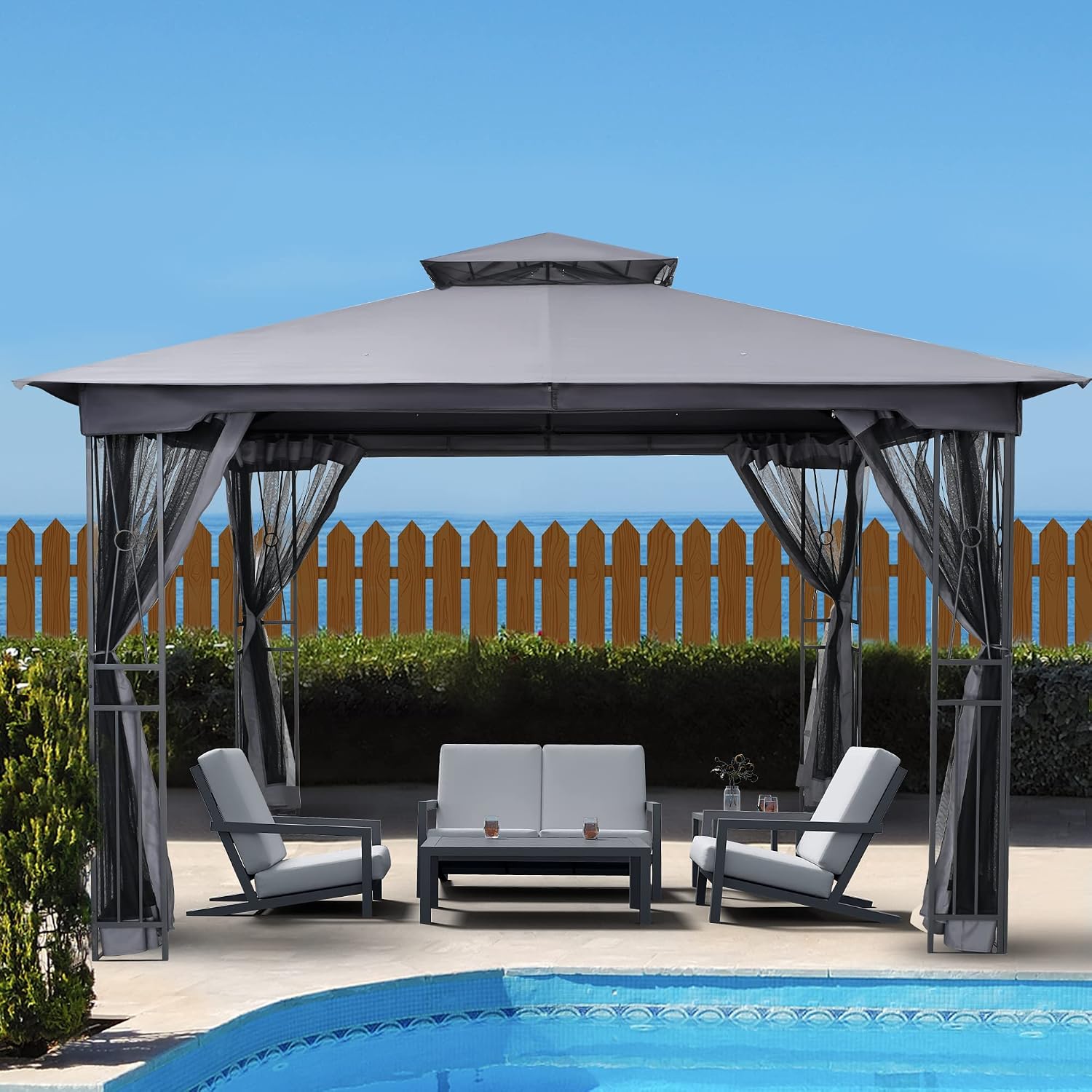 HAPPATIO 10' X 12' Outdoor Patio Gazebo, Canopy Gazebo for Garden,Yard,Patio with Ventilation Double Roof with Mosquito Netting,Gray