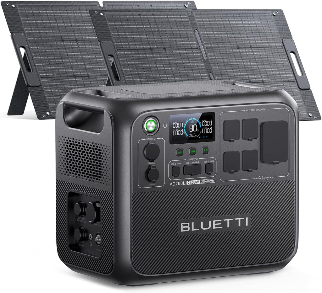 BLUETTI AC200L Solar Generator Kit,2 100W Solar Panels (Ship Separately) Included, 2048Wh LiFePO4 Battery Backup w/ 4 2400W AC Outlets,3600W Power Lifting, Portable Power Station for Camping, Home Use