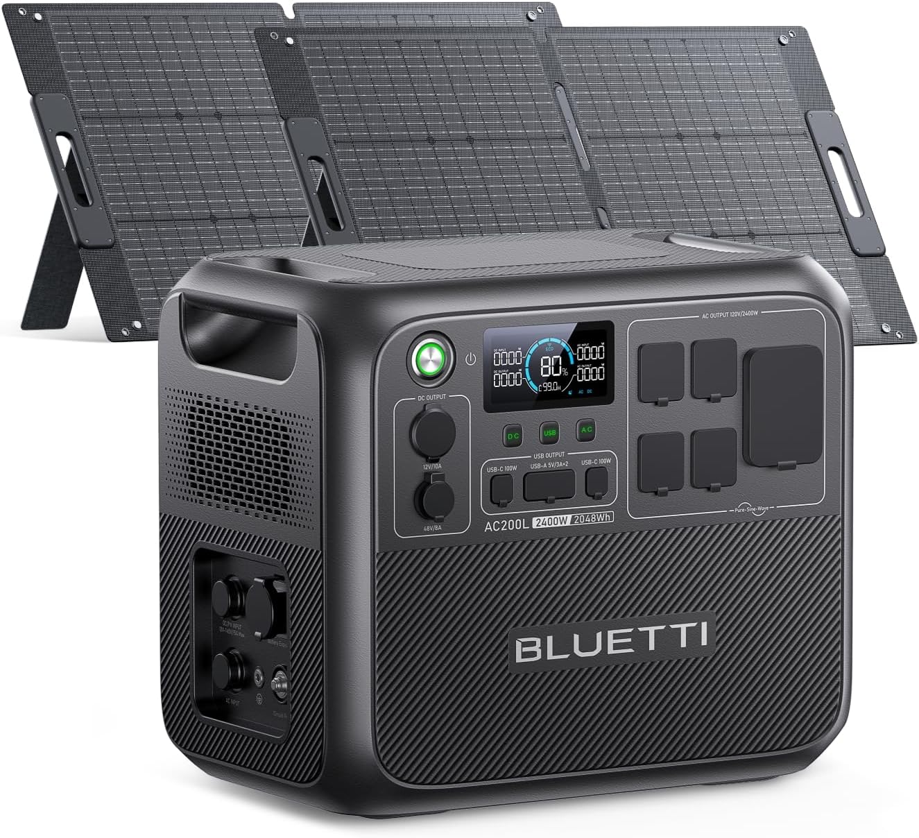 BLUETTI AC200L Solar Generator Kit,2 100W Solar Panels (Ship Separately) Included, 2048Wh LiFePO4 Battery Backup w/ 4 2400W AC Outlets,3600W Power Lifting, Portable Power Station for Camping, Home Use