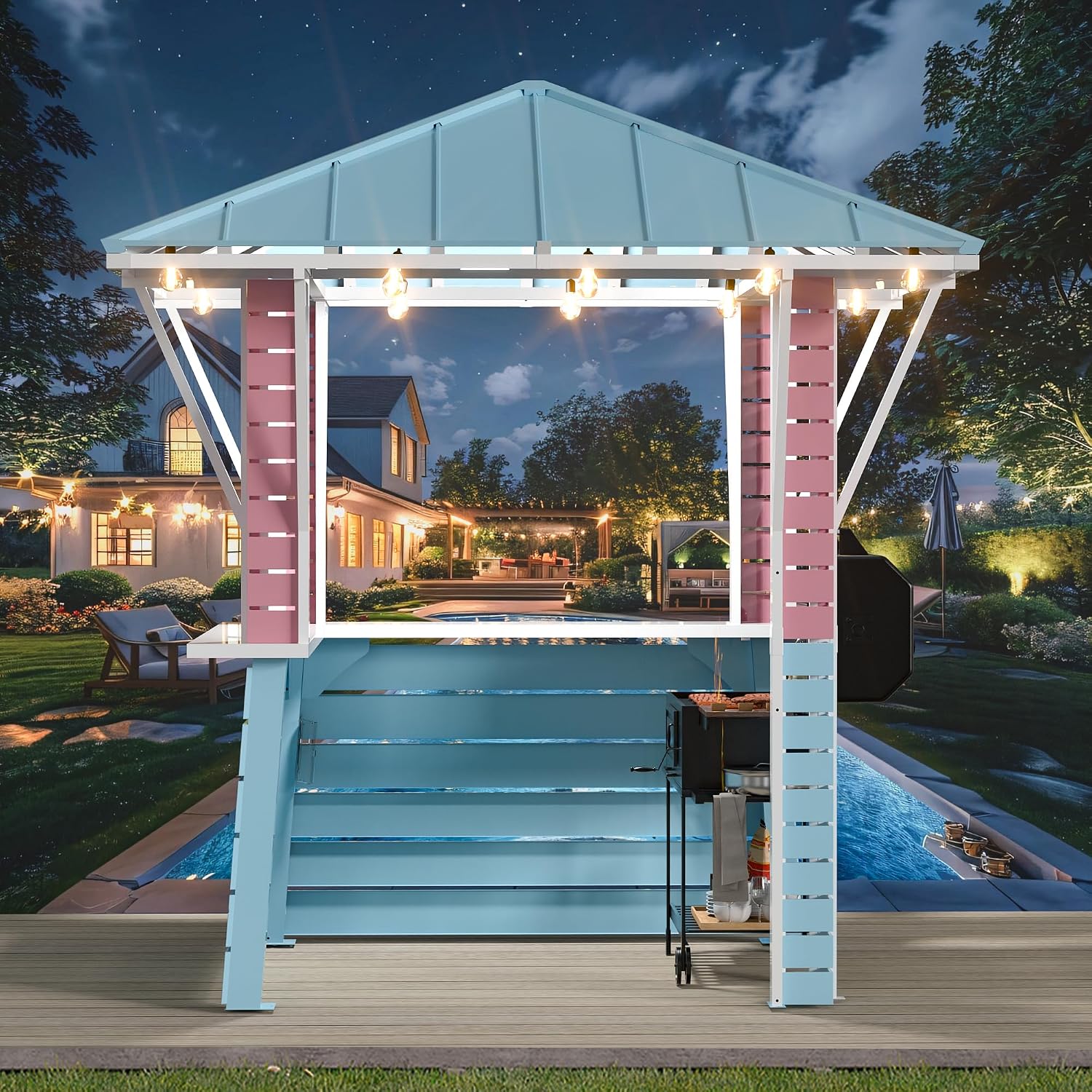 Modern Shade Coastal Dream Outdoor Bar, Grill Gazebo with 2 Open Sides, Patio Gazebo with USB Charging Socket and Hooks, Galvanized Steel Pavilion for Backyard, Swimming Pool, BBQ
