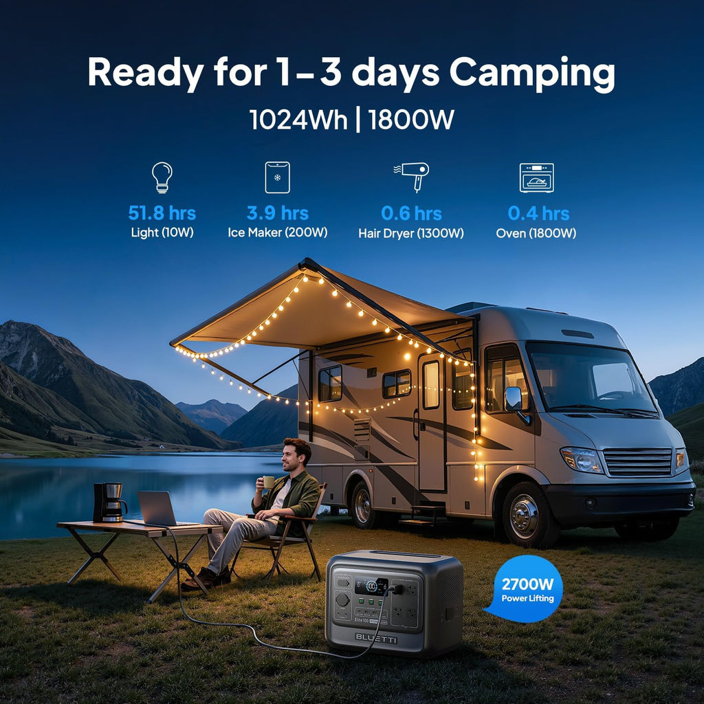 BLUETTI Elite 100 V2 Solar Generator with 200W Solar Panel (Ships Separately), Portable Power Station 1024Wh w/ 4 1800W AC Outlets, 35% Smaller, Ideal for Camping, Emergencies, Backup Power