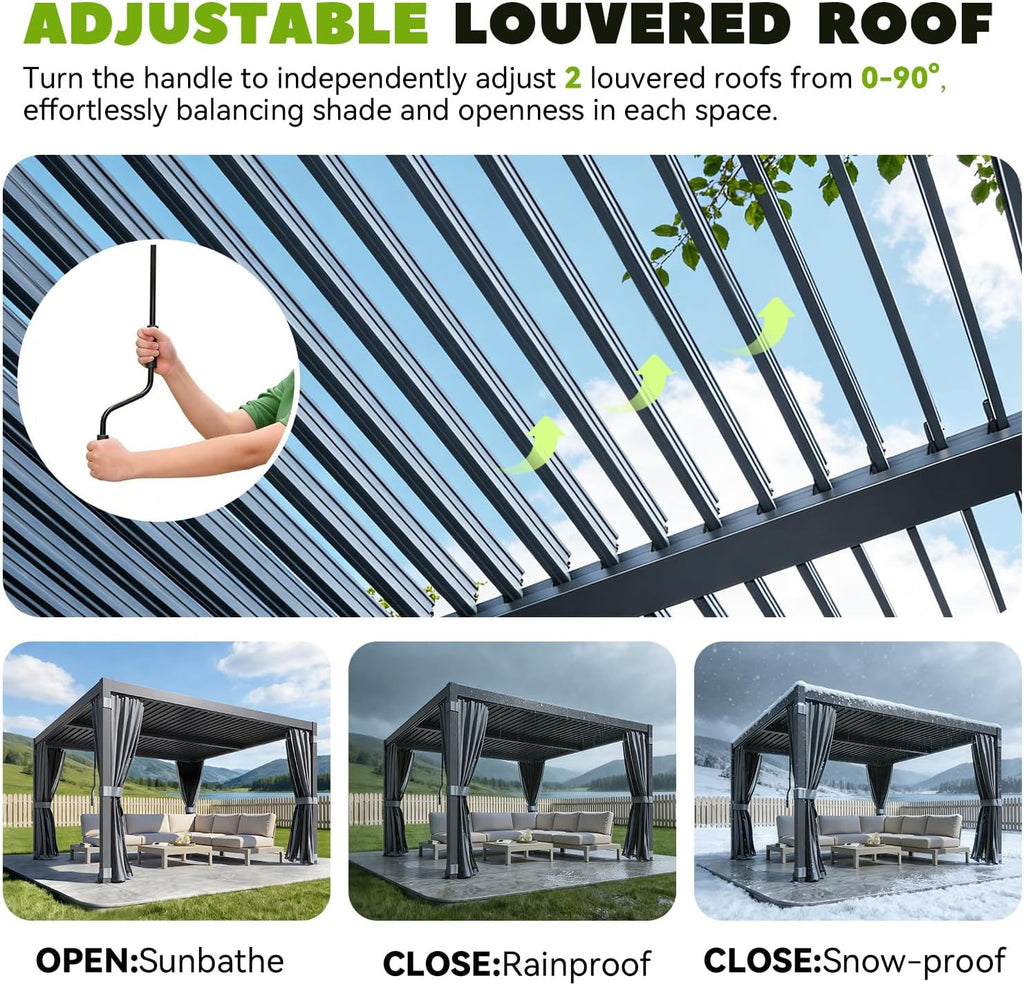 MELLCOM Louvered Pergola 12x12, Steel Aluminum Pergola with Adjustable Louvered Roofs, Outdoor Gazebo with Waterproof Curtains and Nets, Black