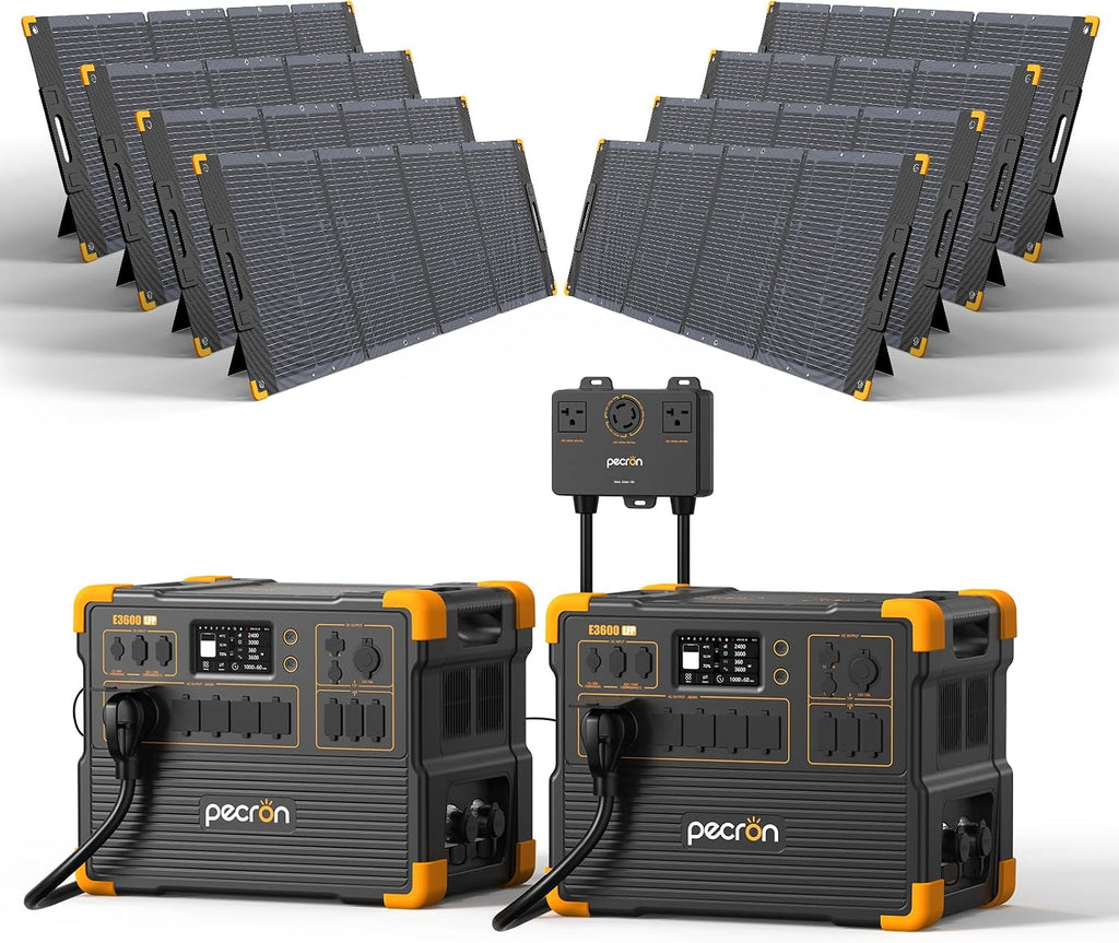 PECRON Two E3600LFP Portable Power Station with 240V Double Voltage Hub, 3072Wh Solar Generator with 8x300W Solar Panels included, 3600W LiFePO4 Battery Backup for Home Use, RV, Camping
