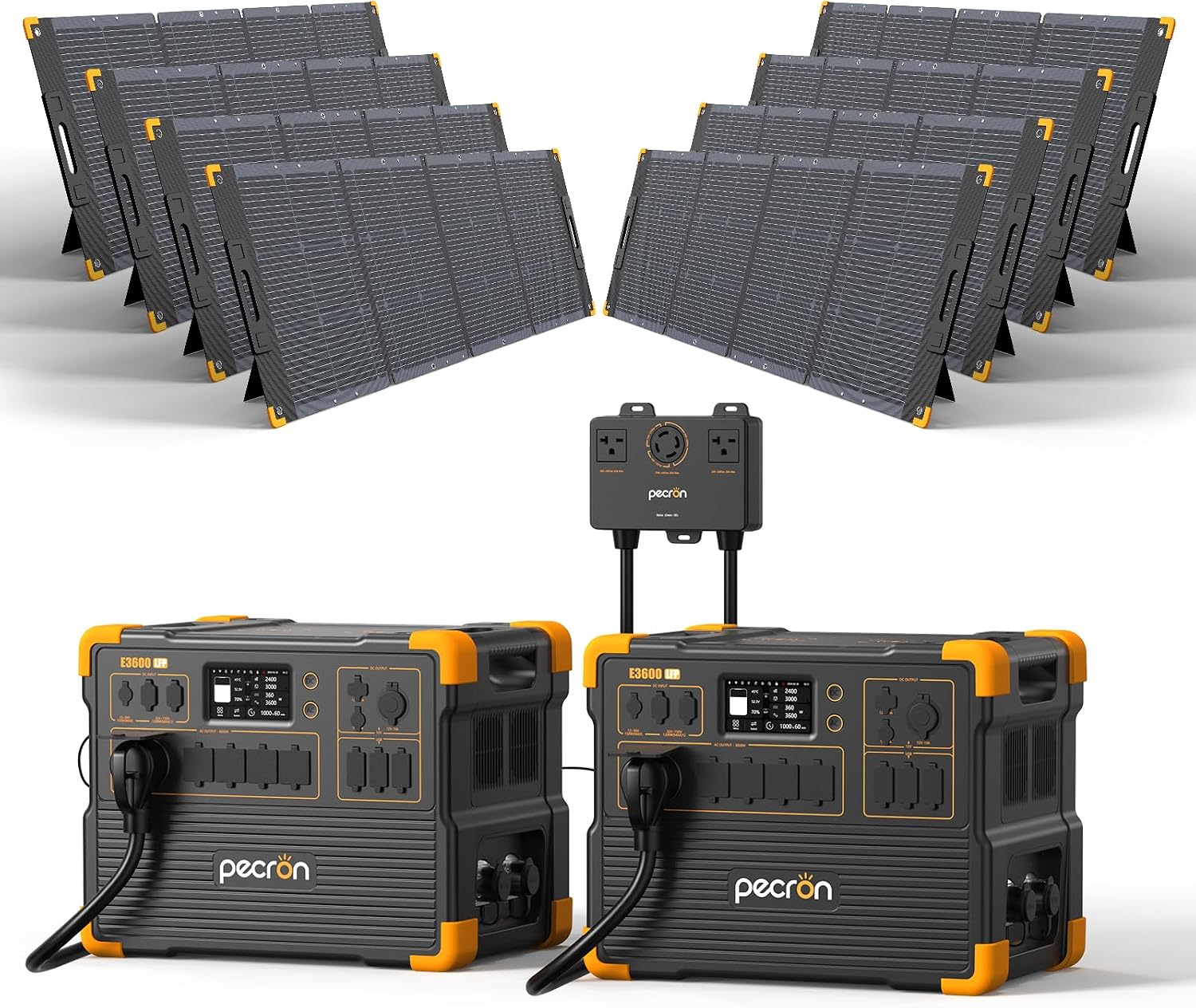 PECRON Two E3600LFP Portable Power Station with 240V Double Voltage Hub, 3072Wh Solar Generator with 8x300W Solar Panels included, 3600W LiFePO4 Battery Backup for Home Use, RV, Camping