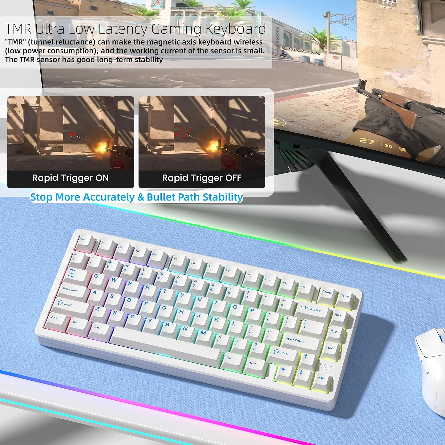 Womier SK75 TMR Keyboard Gaming 75% Hall Effec, Wireless Mechanical Keyboard Rapid Trigger Custom Magnetic Switches Keyboards with 8000 Hz Hot Swap, BT/2.4G/USB-C for Mac Windows Linux,White-Aluminum