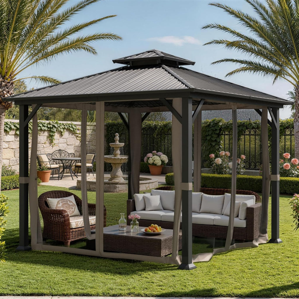 10x10 Hardtop Gazebo, Metal Gazebo with Frame, Outdoor Gazebos with Mosquito Net, Double Roof Hard Top Gazebos for Patios