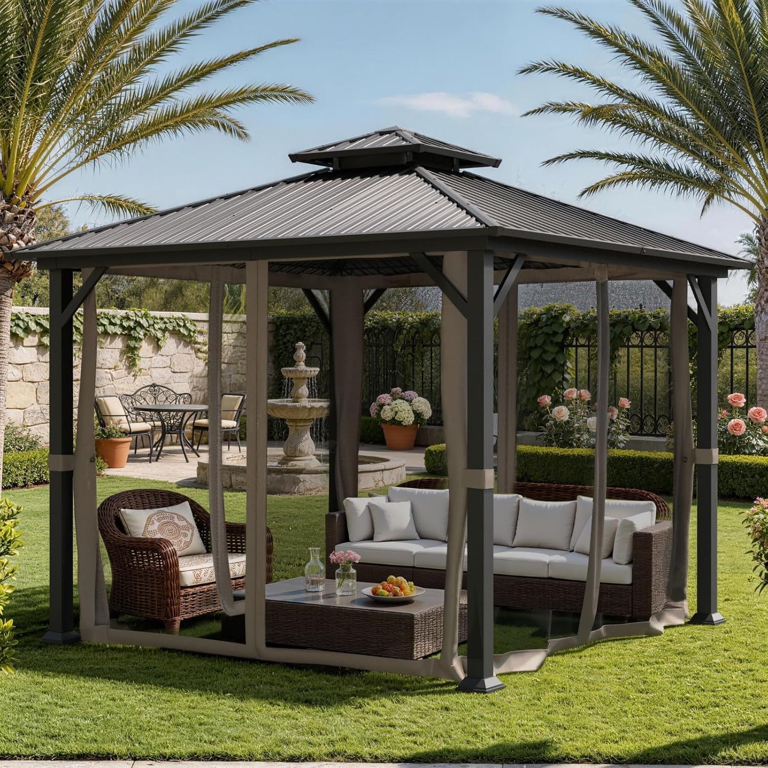 10x10 Hardtop Gazebo, Metal Gazebo with Frame, Outdoor Gazebos with Mosquito Net, Double Roof Hard Top Gazebos for Patios