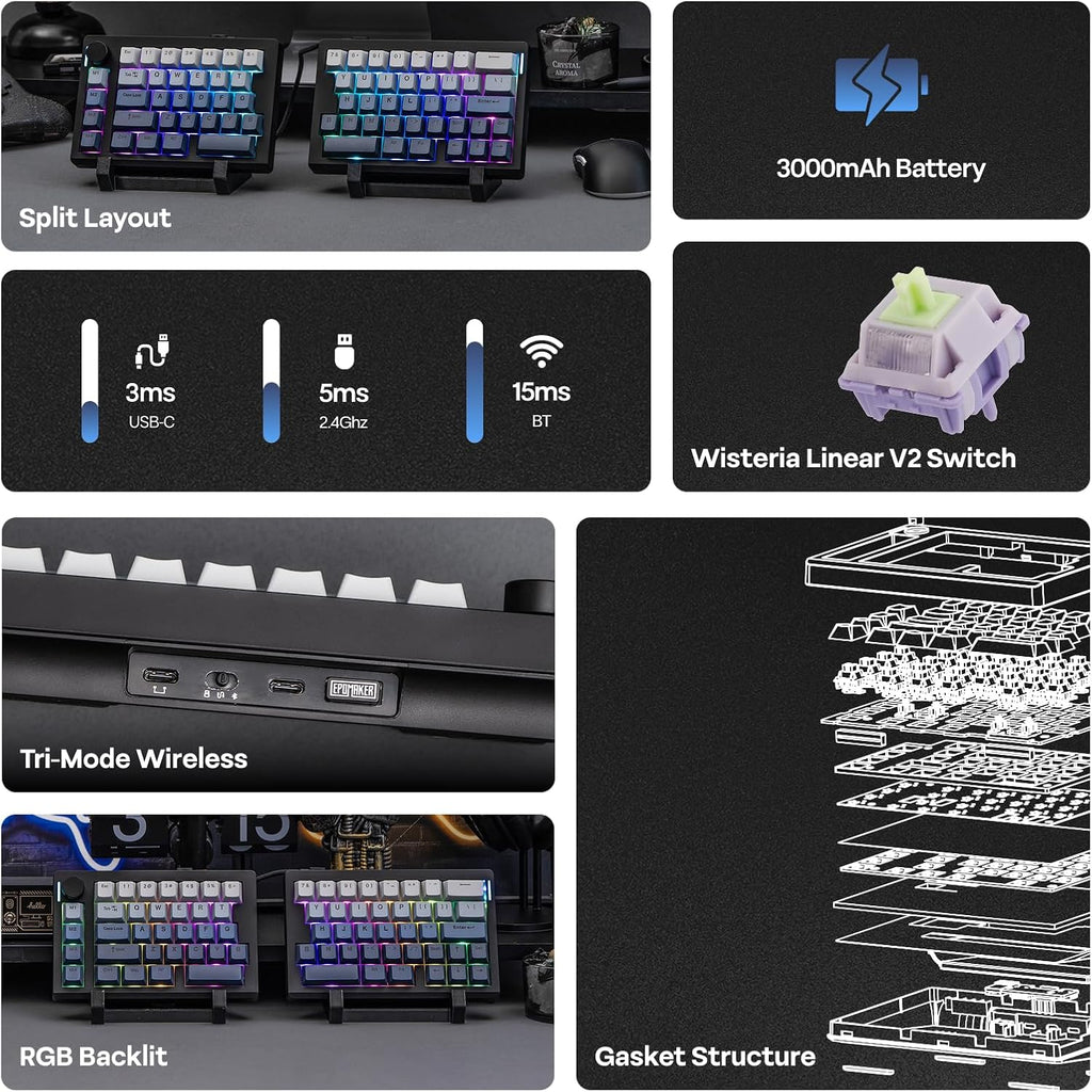EPOMAKER Split70 Wireless Ergonomic Keyboard with QMK/VIA and Knob, Mechanical Gaming Keyboard with RGB, Hot-Swap, Creamy Linear Switch, PBT Keycap, Mac Modifier, Gasket, 70% Split Layout (Black)