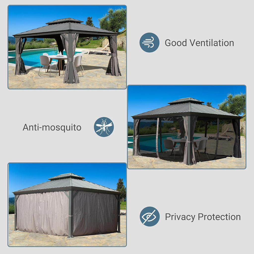 Domi 12' X 16' Hardtop Gazebo, Upgraded Metal Gazebo with Drainage System, Dual-Layer Galvanized Steel Roof, Curtain and Netting, Outdoor Shelter Canopy for Patio, Garden, and Backyard, Grey