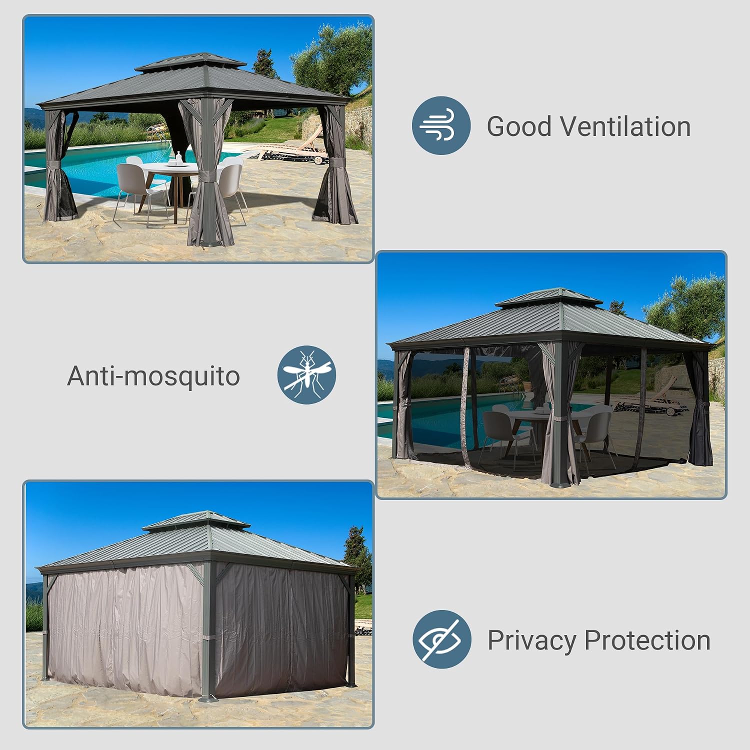 Domi 12' X 16' Hardtop Gazebo, Upgraded Metal Gazebo with Drainage System, Dual-Layer Galvanized Steel Roof, Curtain and Netting, Outdoor Shelter Canopy for Patio, Garden, and Backyard, Grey