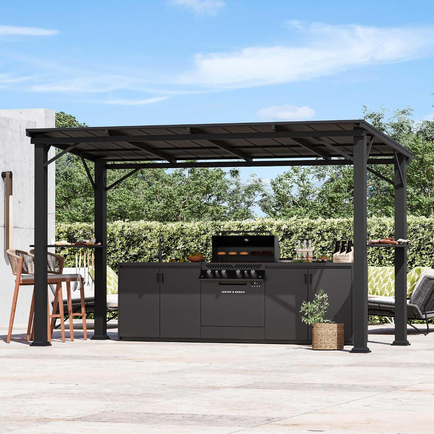 Big Leaf 6'x12' Hardtop Grill Shelter with Utility Shelf - Outdoor Cooking Gazebo Featuring Built-in Bottle Opener & Storage Hooks, Weather-Resistant Black BBQ Canopy for Patio/Garden, Black