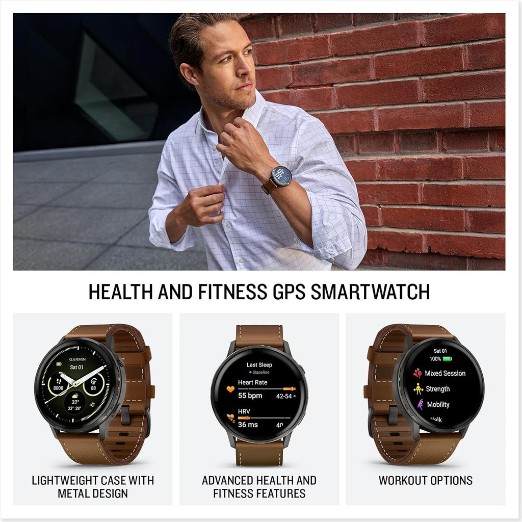 PlayBetter Garmin Venu 4 (Slate/Black/Brown Leather, 45mm) Fitness GPS Smartwatch Bundle - AMOLED Display, Built-in Flashlight, Long Battery Life Portable Charger & HD Screen Protectors