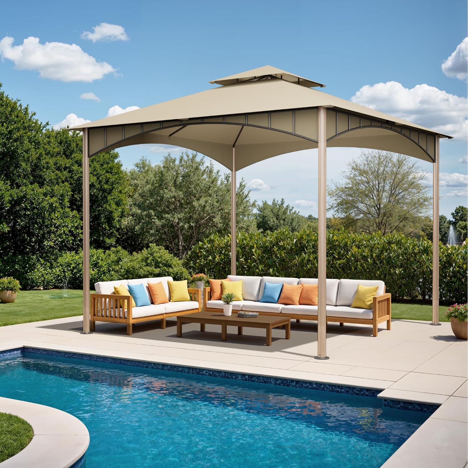 Sannwsg Outdoor Patio Gazebo 10x10 FT, Soft Top Gazebo Canopy with Double Roof, Metal Frame, for Backyard, Deck & Lawn, Wood Grain Posts