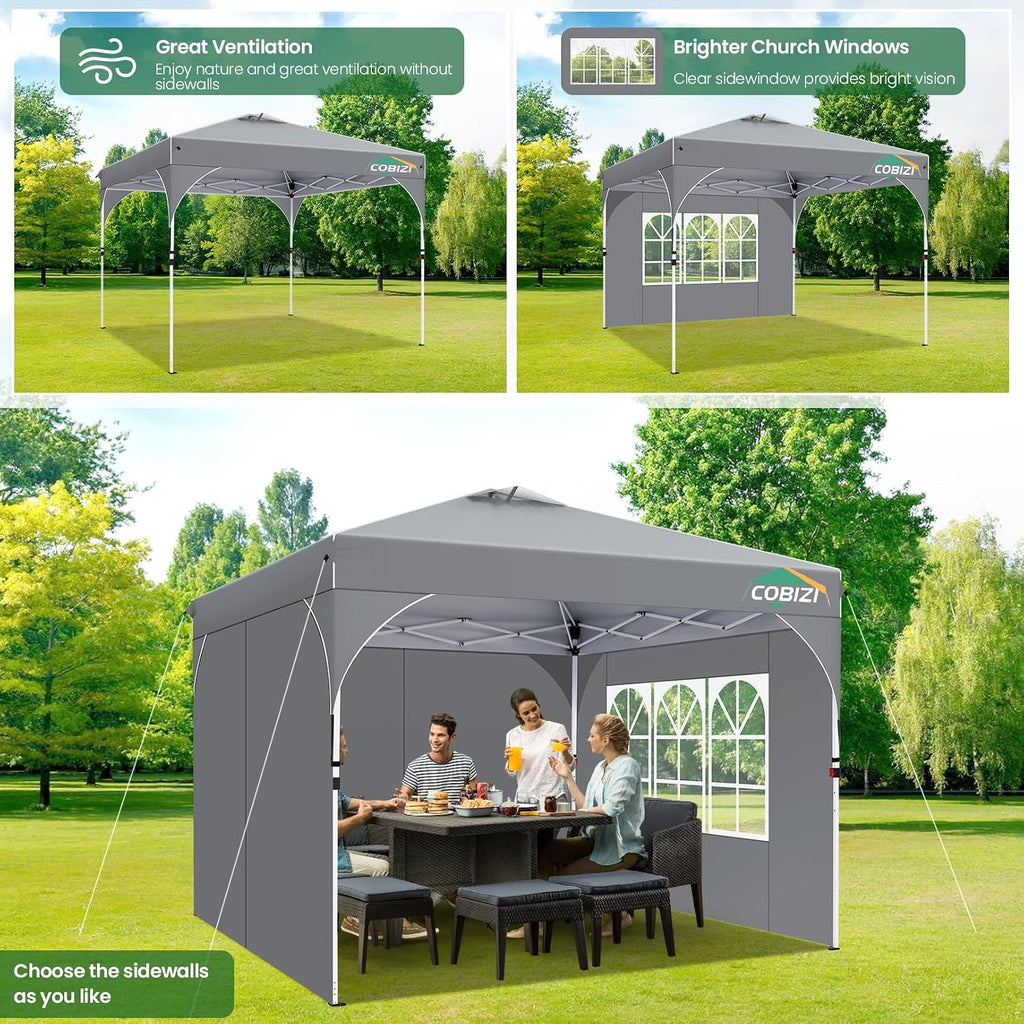 COBIZI 10x10 Pop Up Canopy with 3 Removable Sidewalls, Easy Pop Up Comercial Instant Canopy with One Push Center Lock, Waterproof Canopy with Sidewalls for Event, Rope & Stakes & Sandbags, Gray