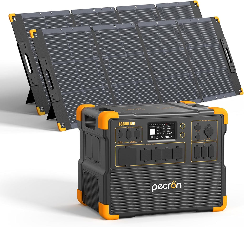 PECRON Solar Generator E3600LFP 3072Wh with 2x300W Solar Panels, 5x3600W AC Outlets Portable Power Station, LiFePO4 Battery Backup Expanded to 18.43kWh, Power Station for Home Use, RV, Camping, CPAP
