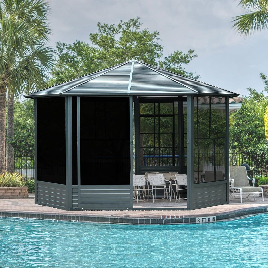 Domi 13x13FT Sunroom, Octagonal Solarium Aluminum Hardtop Gazebo with Galvanized Steel Roof, Detachable PE Screen, Sliding Door, Sun Room Pavilion Gazebo for Deck Backyard Garden