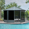 Domi 13x13FT Sunroom, Octagonal Solarium Aluminum Hardtop Gazebo with Galvanized Steel Roof, Detachable PE Screen, Sliding Door, Sun Room Pavilion Gazebo for Deck Backyard Garden