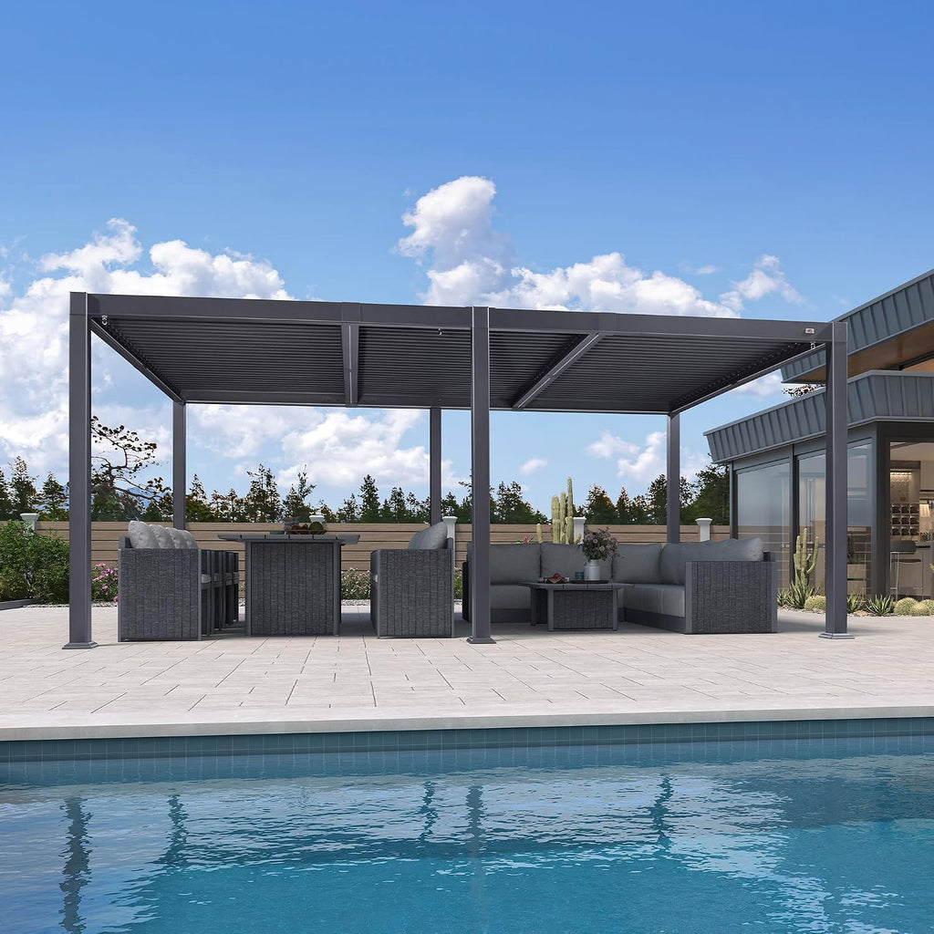 PURPLE LEAF LED Louvered Pergola 92KS 11.5' x 17.5' with Integrated Strip Lights Aluminum Independent Adjustable Rainproof Roof Hardtop Gazebo for Patio Deck Garden Yard Gray