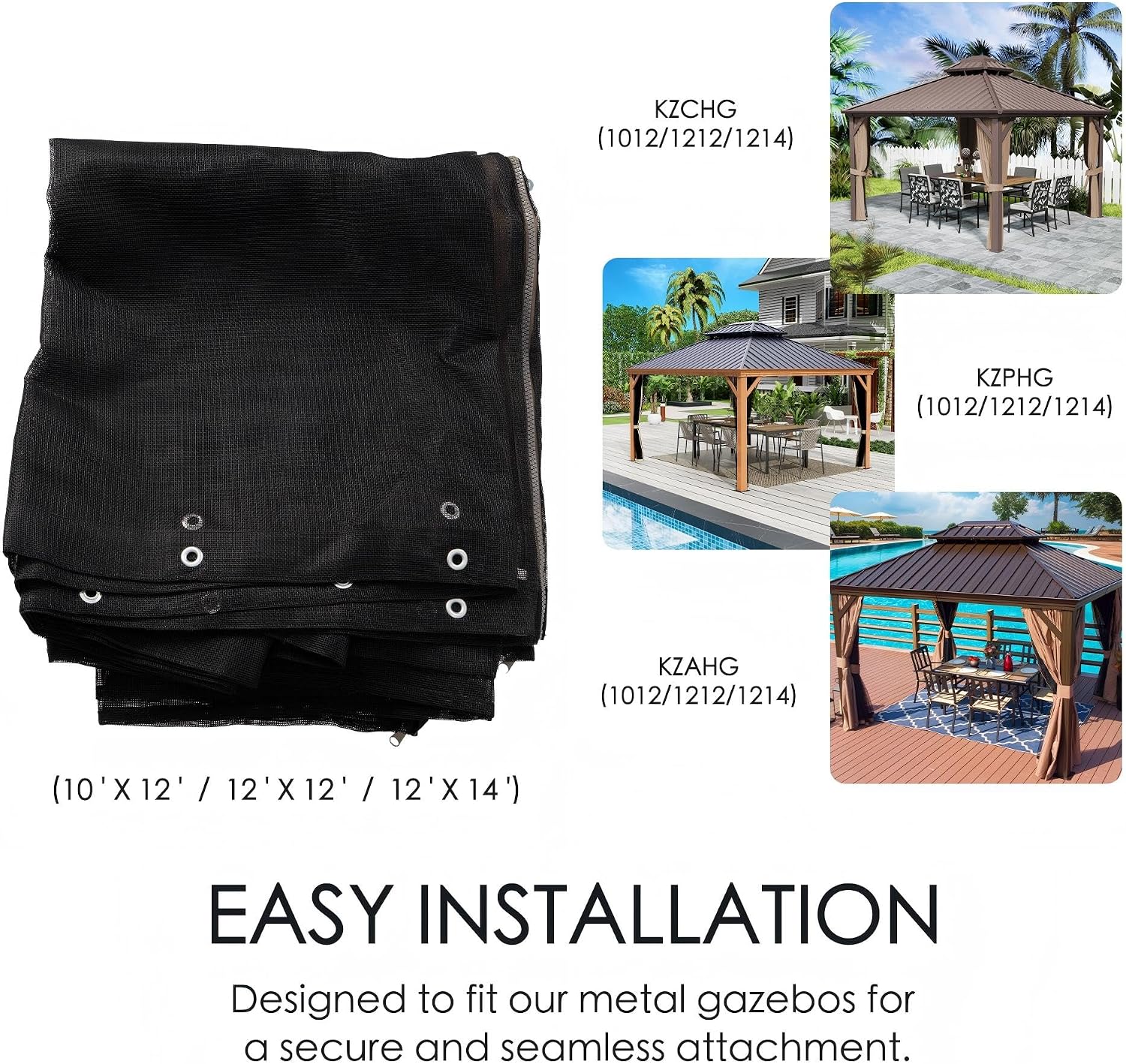 Kozyard Gazebo Privacy Screen Netting for 10' x 12' Gazebo, Textilene Mesh Net for Hardtop Gazebo, Breathable Outdoor Gazebo Netting