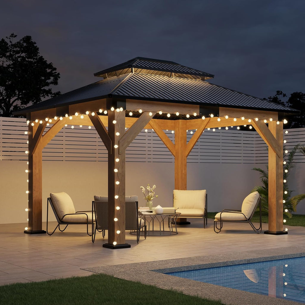 AMERLIFE 10x12 Wood Gazebo, Hardtop Gazebo with Spruce Frame and Double Metal Roof, Outdoor Pergola for Parties, Backyard, Patio, Lawns, Black + Natura Wood