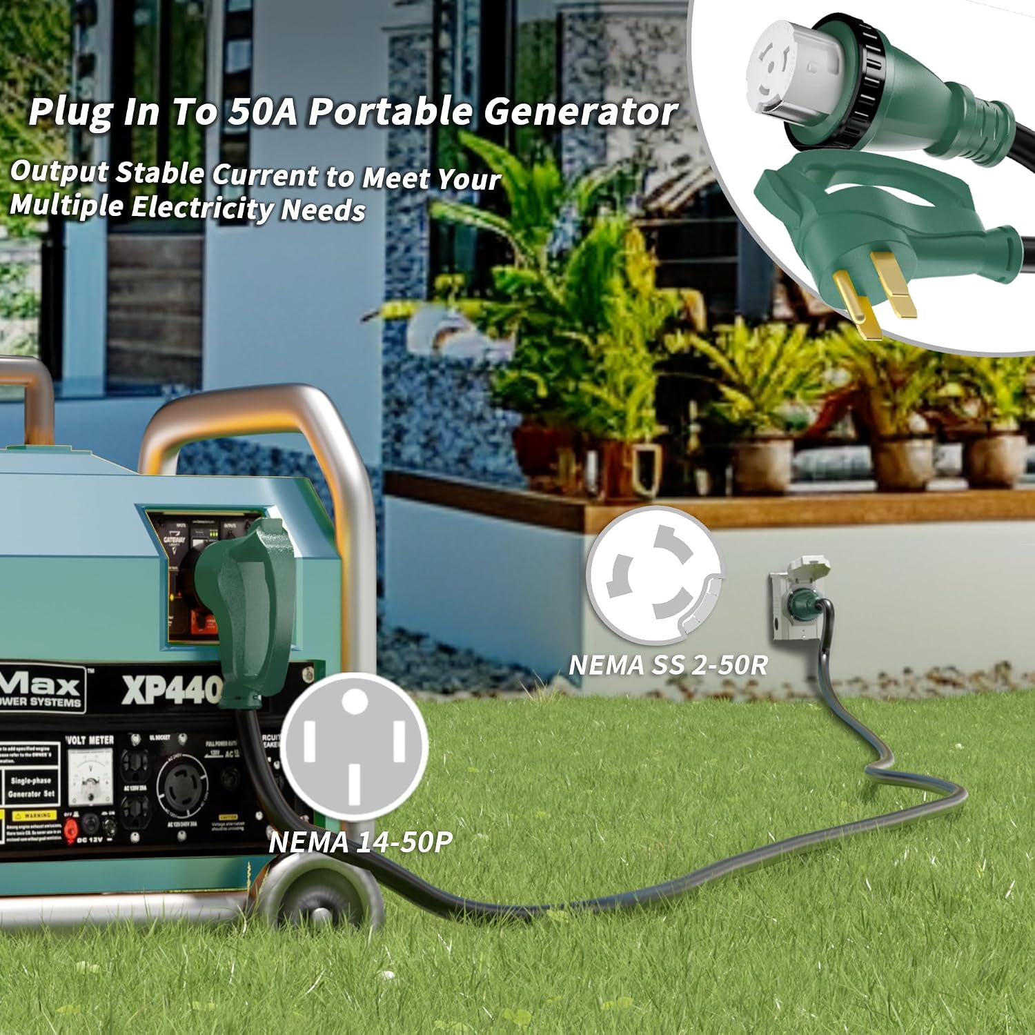 PlugSaf 50 Amp Generator Cord, 50FT 50 Amp RV Extension Cord with Twist Lock, Generator Cable 50A 4 Prong Green, NEMA 14-50P/SS2-50R Heavy Duty STW Wire for RV Camper & House
