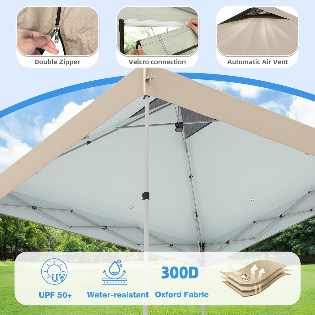 10x10 Pop Up Canopy Tent with Mosquito Netting, Outdoor Portable Screen Tent for Yard, Party, Camping and Picnic, 3 Height Positions, Patio Gazebo with Roller Bag and 4 Sandbags, Khaki