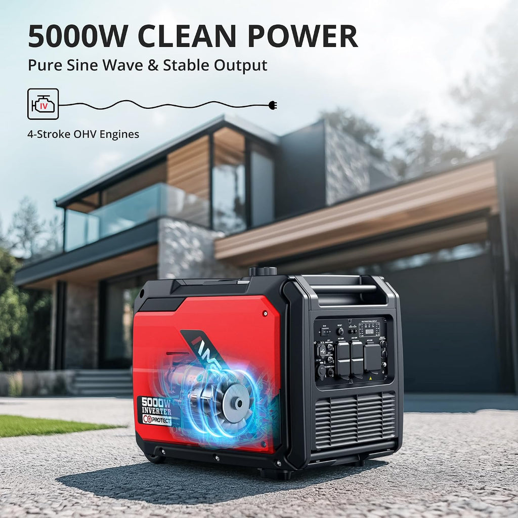 AMERISUN 5000W Inverter Generator Gas Powered, CO Sensor, Super Quiet Gas Generator with RV Ready 30A Outlet, Wheels Handle Kit, Parallel Capable for Home Backup Emergency Use Camping, EPA Compliant