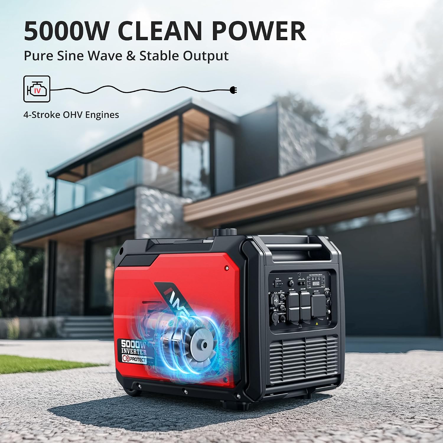AMERISUN 5000W Inverter Generator Gas Powered, CO Sensor, Super Quiet Gas Generator with RV Ready 30A Outlet, Wheels Handle Kit, Parallel Capable for Home Backup Emergency Use Camping, EPA Compliant
