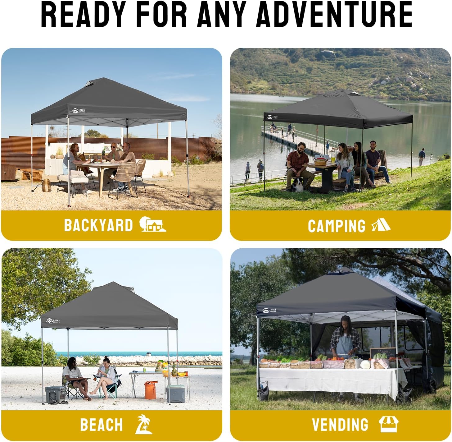 CROWN SHADES 10x10 Pop Up Canopy - Beach Tent with One Push Setup - Easy Outdoor Sun Shade Shelter for Events, Parties - Gazebo with STO-N-Go Cover Bag, Silver Coated Top,Light Gray