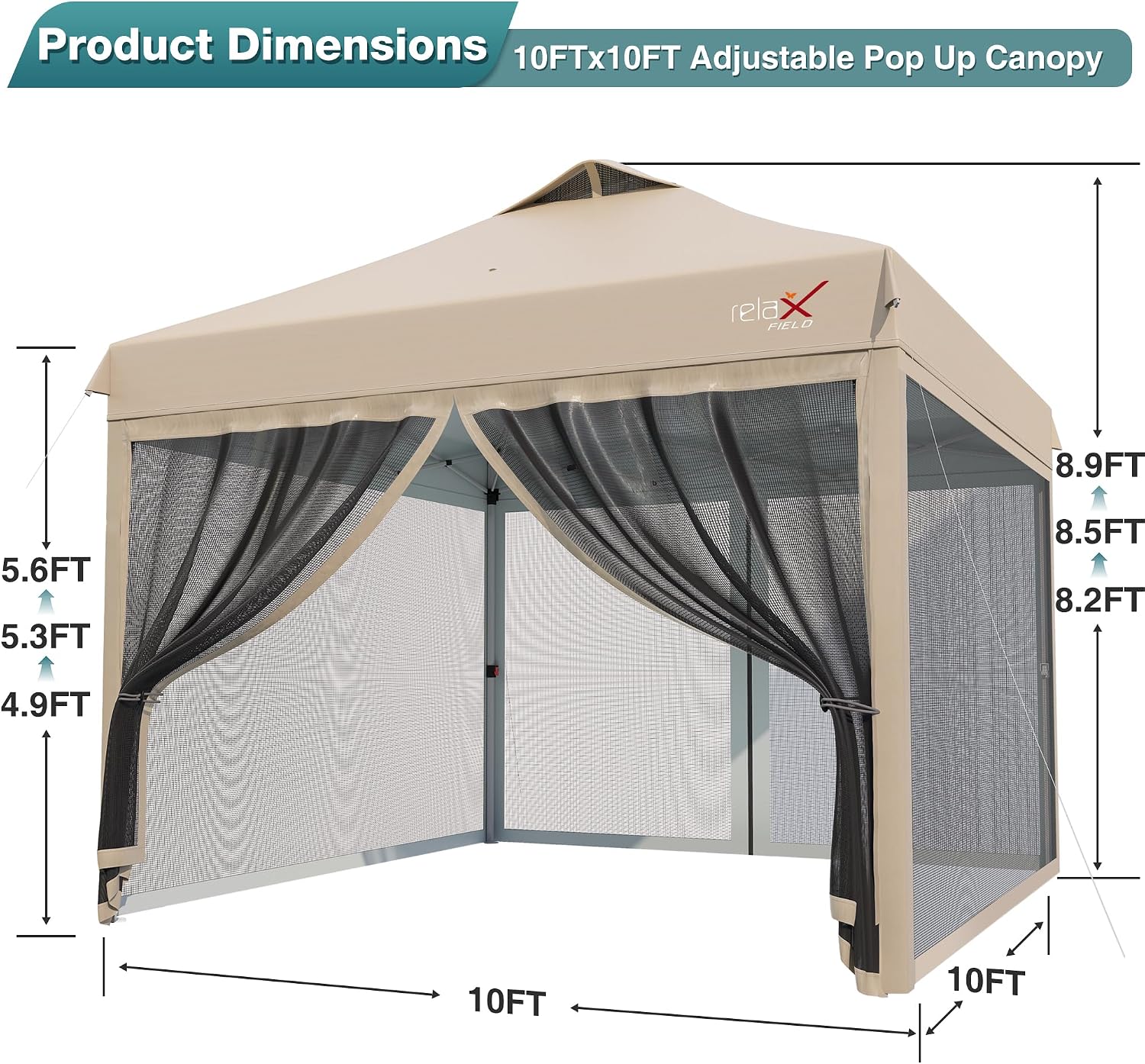 10x10 Pop Up Canopy Tent with Mosquito Netting, Outdoor Portable Screen Tent for Yard, Party, Camping and Picnic, 3 Height Positions, Patio Gazebo with Roller Bag and 4 Sandbags, Khaki