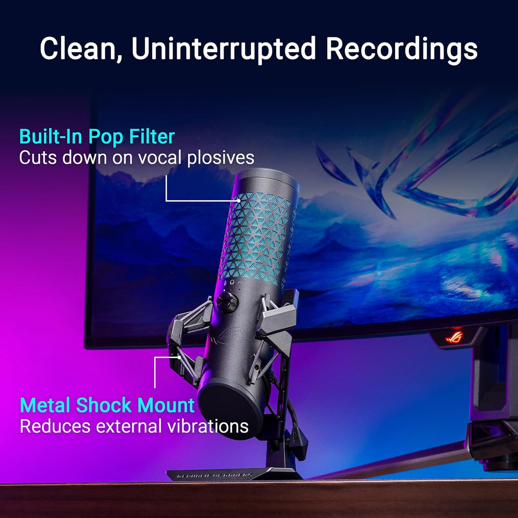 ASUS ROG Carnyx USB Gaming Microphone (25mm Condenser Capsule, 192kHz/24-bit, Cardioid, high-Pass Filter, Built-in pop Filter, Metal Shock Mount, one-Touch Mute, USB, Aura Sync RGB)- Black