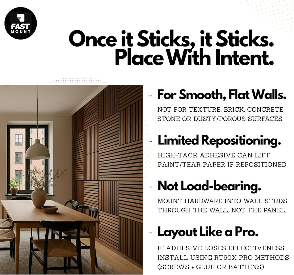 RT60X Peel & Stick Acoustic Wood Wall Panels, 4 Pack 24'x24'x1 - Self-Adhesive Sound Absorbing Slat Tiles for Studio, Home Office & Apartments, Renter-Friendly Easy Installation