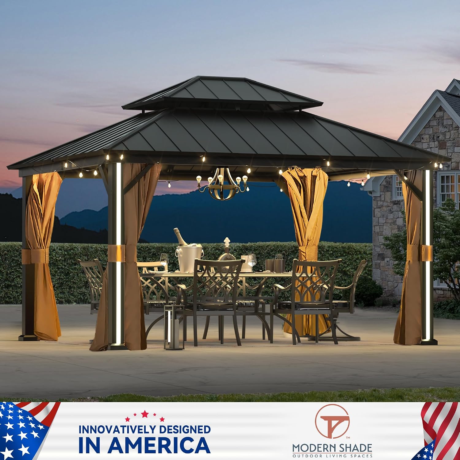 Modern Shade Hardtop Gazebo 12' x 14' with 4 LED Lights, Permanent Outdoor Gazebo with Double Roof, Aluminum Frame, Patio Pavilion with USB Charging Port Deck, Mosquito Netting and Curtains, Black