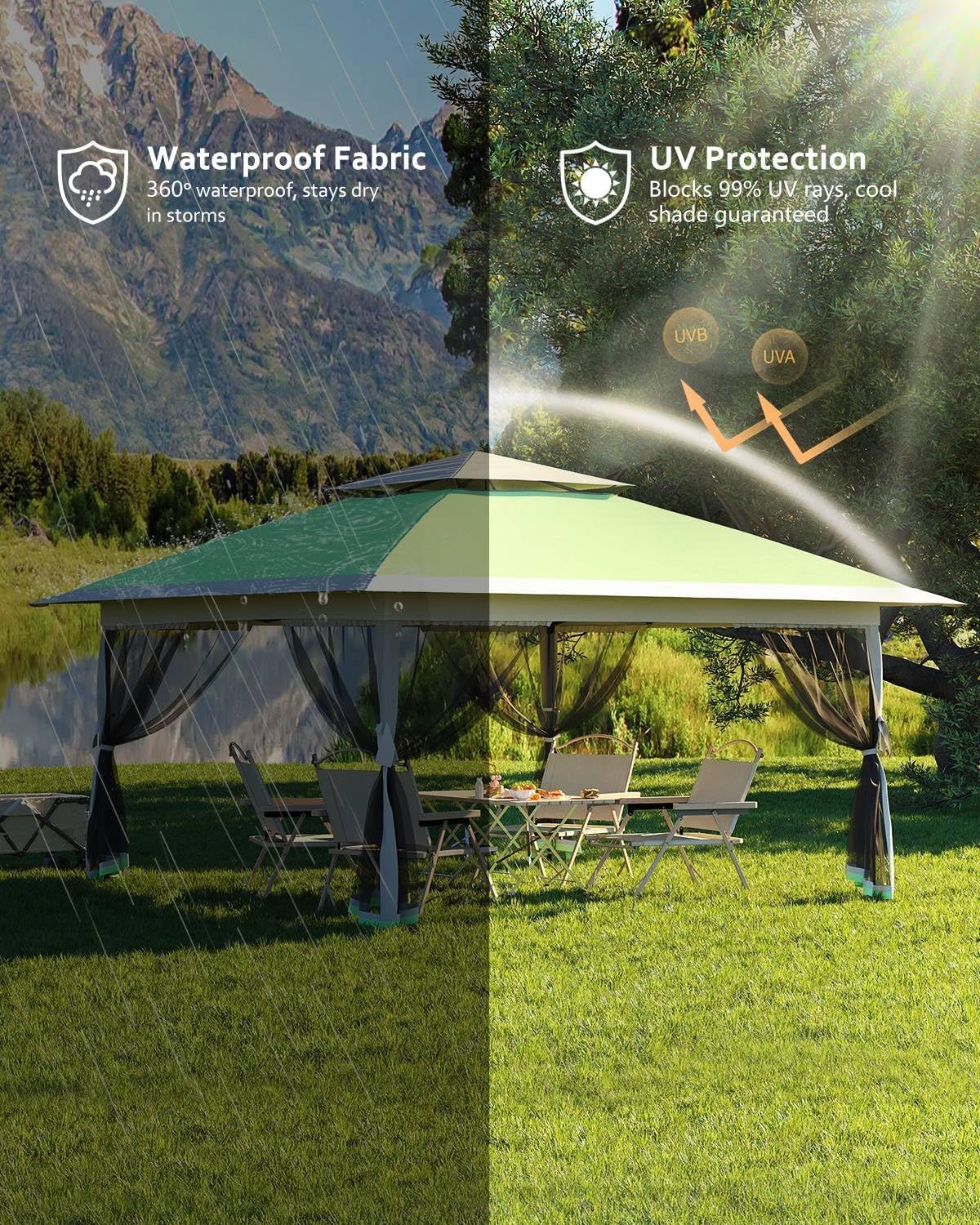 12x12FT Pop Up Gazebo, Instant Backyard Canopy Tent with Mosquito Net & Double Roof, Pop-Up Gazebo Canopies Adjustable Height for Patio, Party, Green