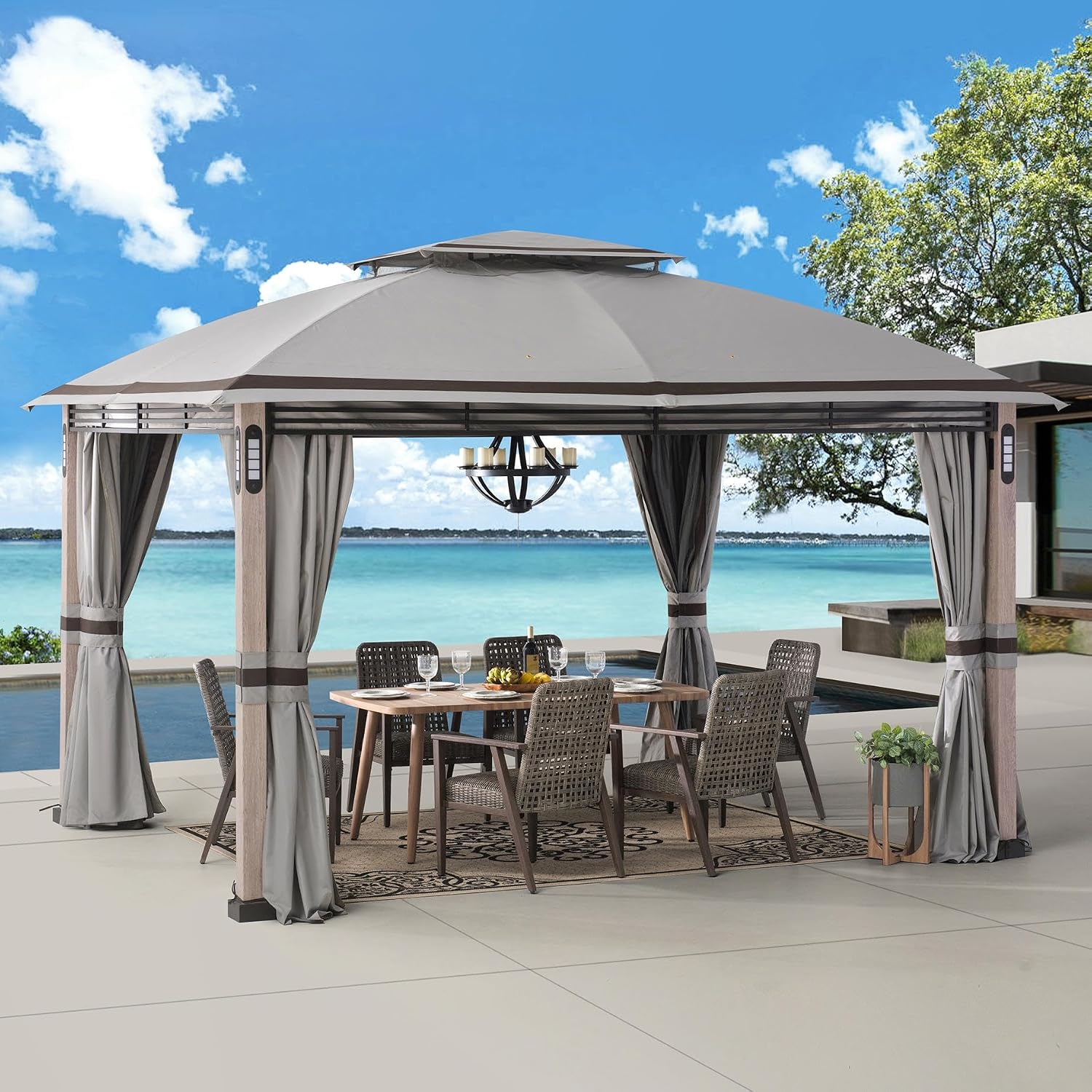 SUNJOY 11 x 13 ft. Soft Top Gazebo Outdoor Patio Powder-Coated Steel Frame 2-Tier Soft top Gazebos with LED Lighting, Bluetooth Sound, Netting and Curtain, Gray