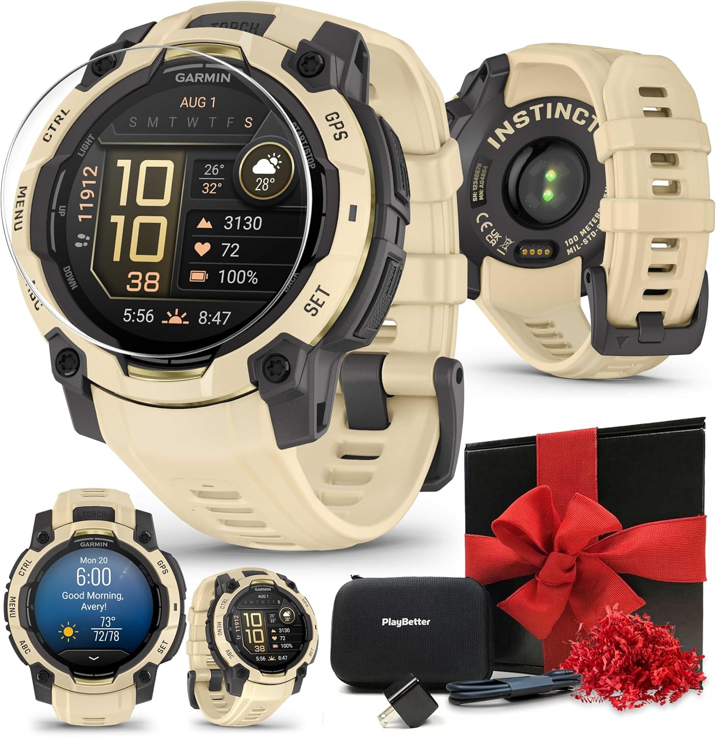 PlayBetter Garmin Instinct 3 Alpine Rush AMOLED (Citrine, 45 mm) Outdoor GPS Smartwatch Gift Box Bundle - Built-in Flashlight, 24/7 Health & Wellness Screen Protectors, Wall Adapter & Case