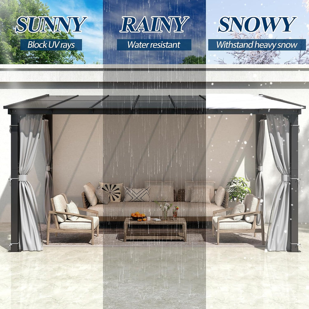 COVERONICS 10' X 13' Outdoor Polycarbonate Lean to Gazebo - Wall-Mounted Aluminum Frame Gazebo with Slope Hardtop, Patio Heavy-Duty Lean to Pergola with Netting & Curtains for Garden, Backyard, Deck