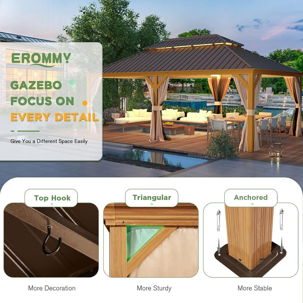 EROMMY 12'x22' Gazebo, Wooden Finish Coated Aluminum Frame Pergola with Double Galvanized Steel Hardtop Roof, Outdoor Permanent Metal Pavilion with Curtains and Nettings for Patio, Backyard and Deck