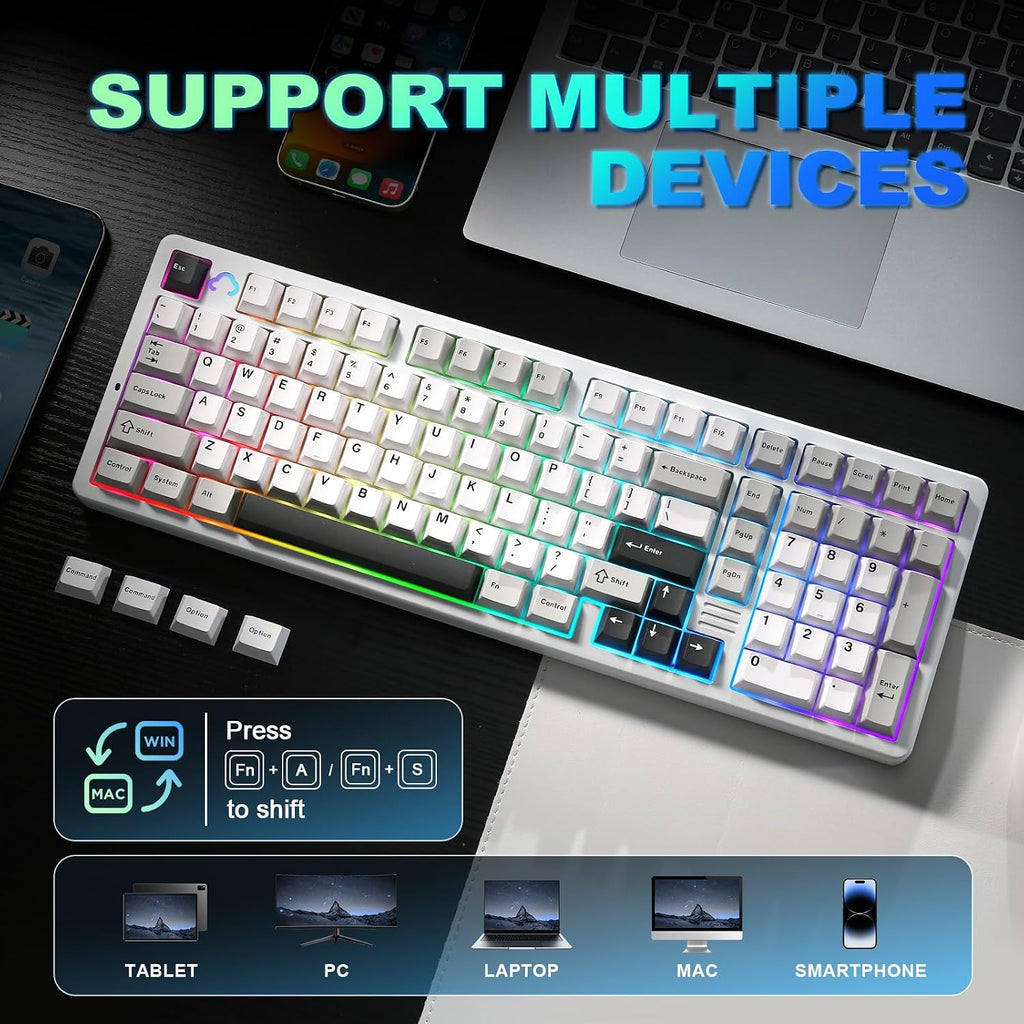 YUNZII AL98 QMK/VIA Wireless Mechanical Gaming Keyboard,Full Aluminum,BT/2.4G/USB-C, Pre-Lubed Hot Swappable Gasket Mount 1800 Layout,RGB Backlit for Win/Mac (White, Cocoa Cream V2 Switch)