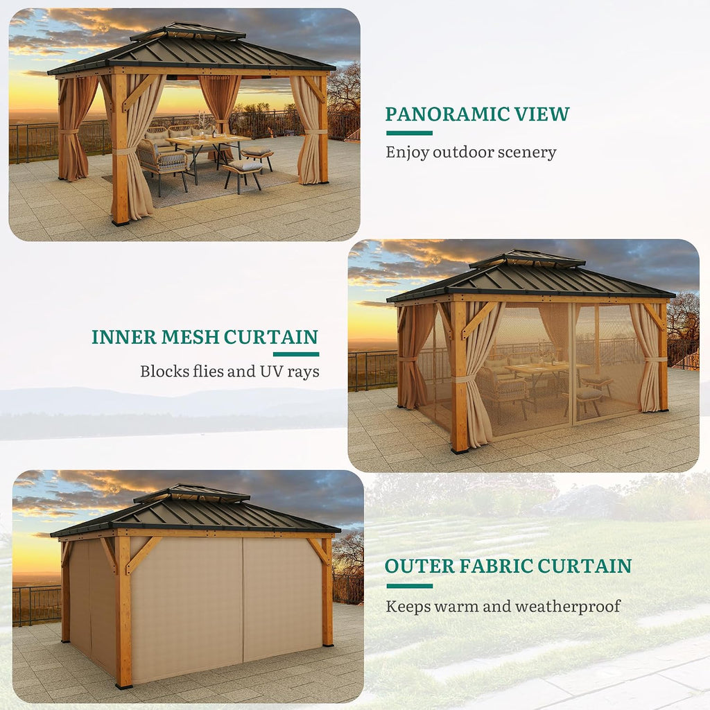 YITAHOME 13X15FT Wood Gazebo Outdoor Wooden 4.7X4.7 Frame Gazebo Double Roof Hardtop Galvanized Steel Top Canopy w/Curtain and Netting, Patio Heavy Duty Gazebo for Deck, Backyard, Golden